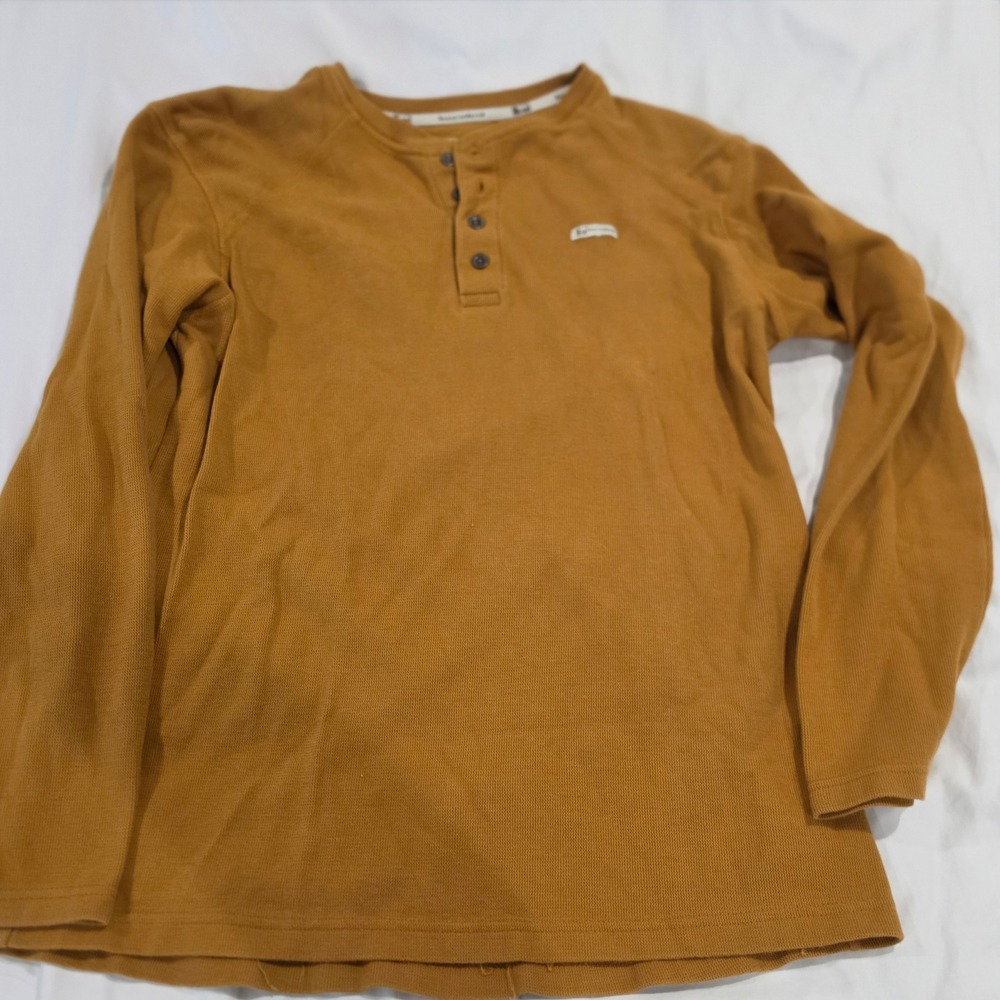 Banded Henley Shirt Mens Large Brown Excellent Waffle Knit Thermal Long Sleeve